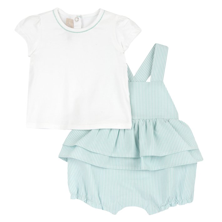 Conjunto de camisola de manga curta e jardineiras