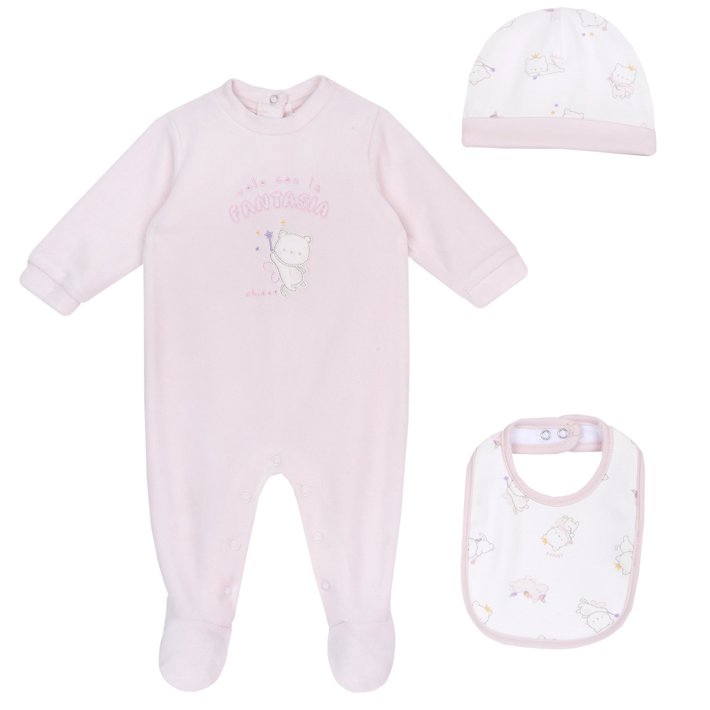 Conjunto de presente com babygrow, gorro e babete