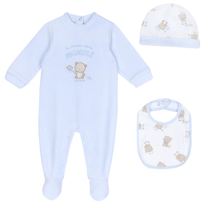 Conjunto de presente com babygrow, gorro e babete