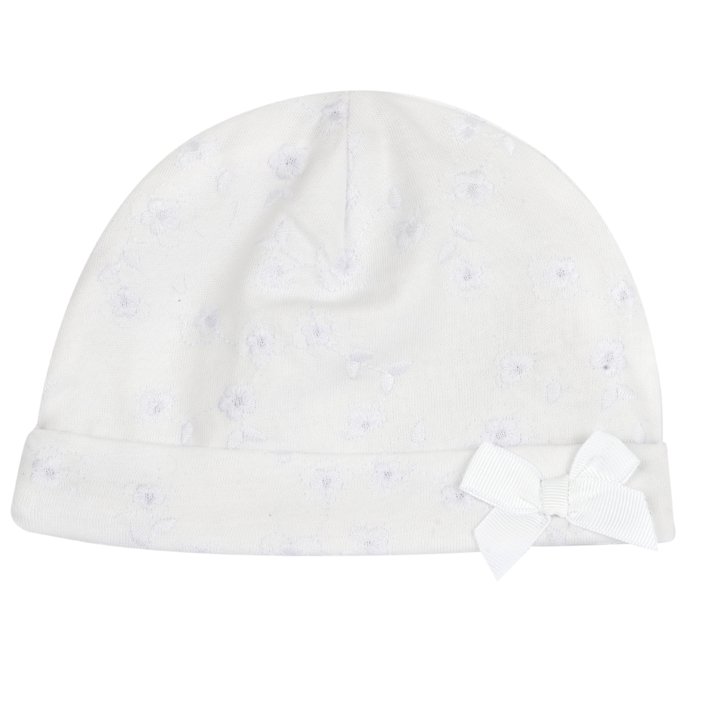 Gorro com bordado de flores e laço