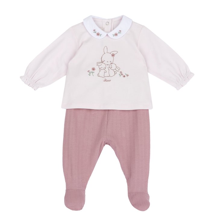 Conjunto de camisola com coelhinhos e calças com pés cor-de-rosa