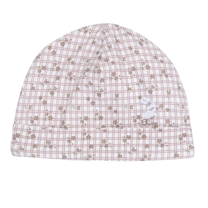 Gorro com padrão de quadradinhos e flores