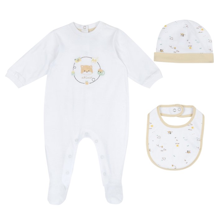 Conjunto Babygrow, babete e gorro Raposa