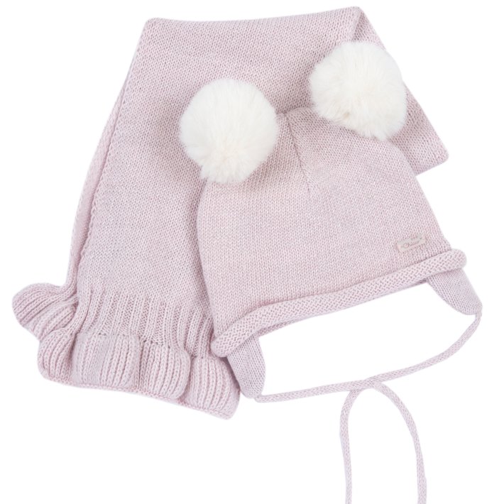 Conjunto de Gorro Rosa com Pompons e Cachecol Rosa