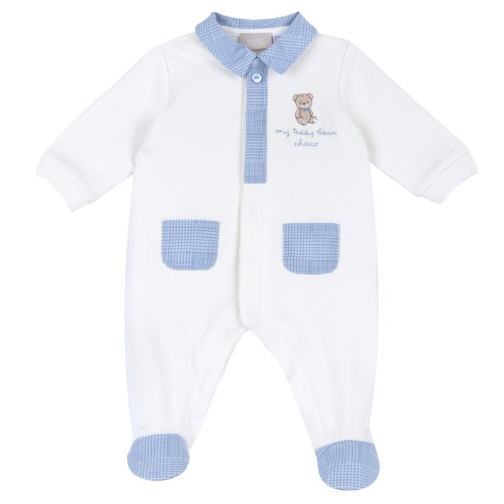 Babygrow Branco com Detalhes Azuis e Ursinho Bordado