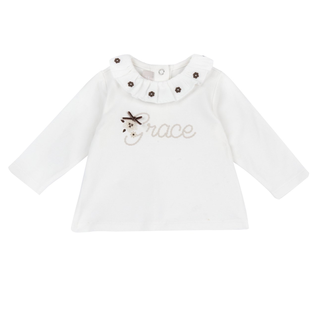 Camiseta con Bordado de Flores en el Cuello y Frase "Grace" Chicco - 0
