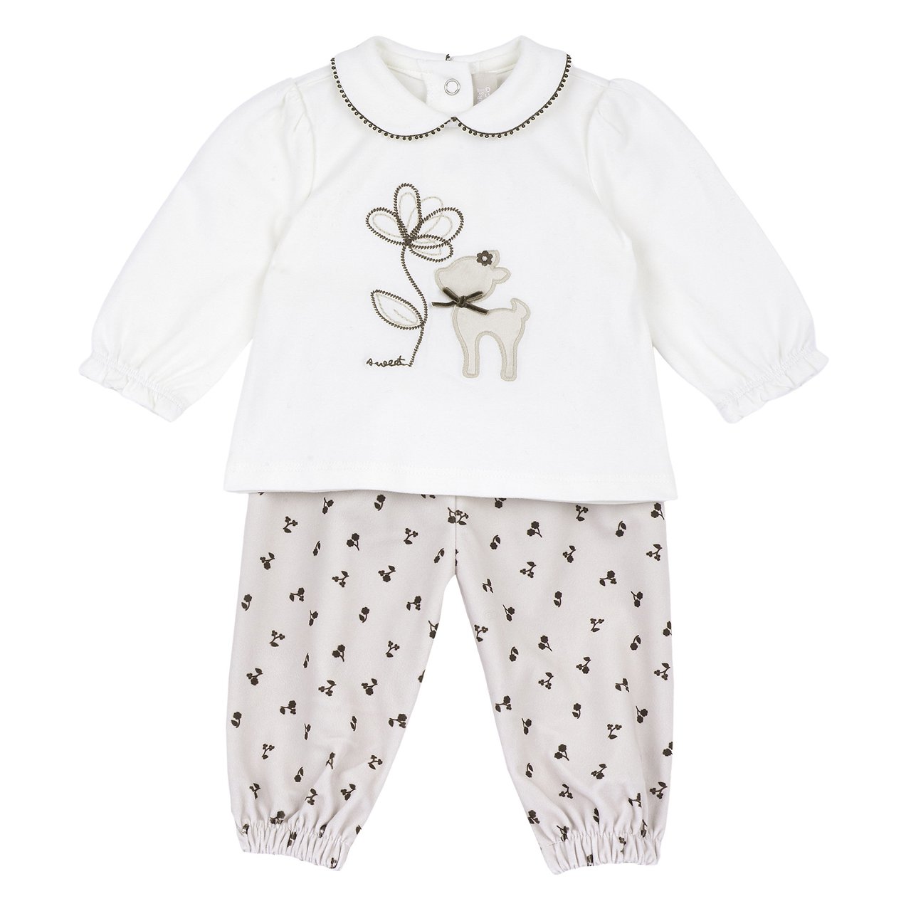 Conjunto de Camiseta con Ciervo y Pantalones con Flores Chicco - 0