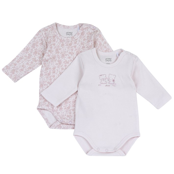 Conjunto Bodies Rosa com Flores e Ursinhos