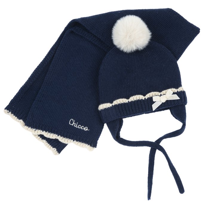Conjunto de Gorro Azul com Pompom e Cachecol Azul