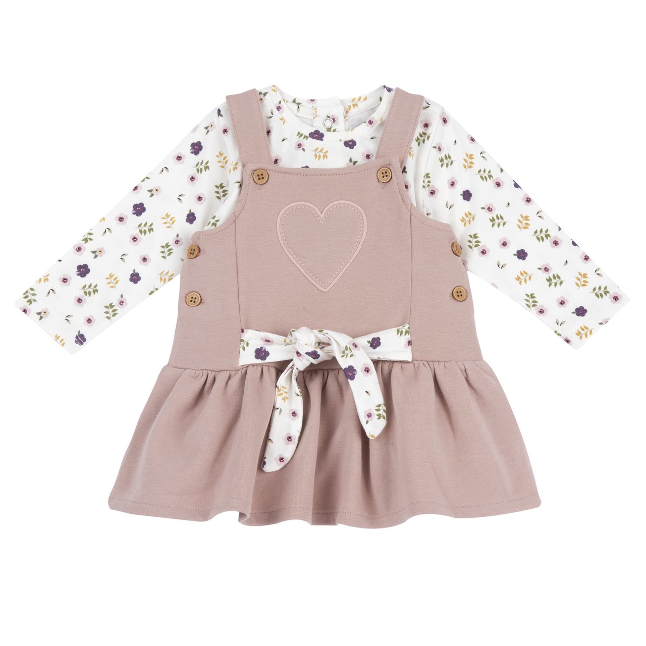 Conjunto de Camiseta de Manga Larga con Flores y Peto Falda Rosa Chicco - 0