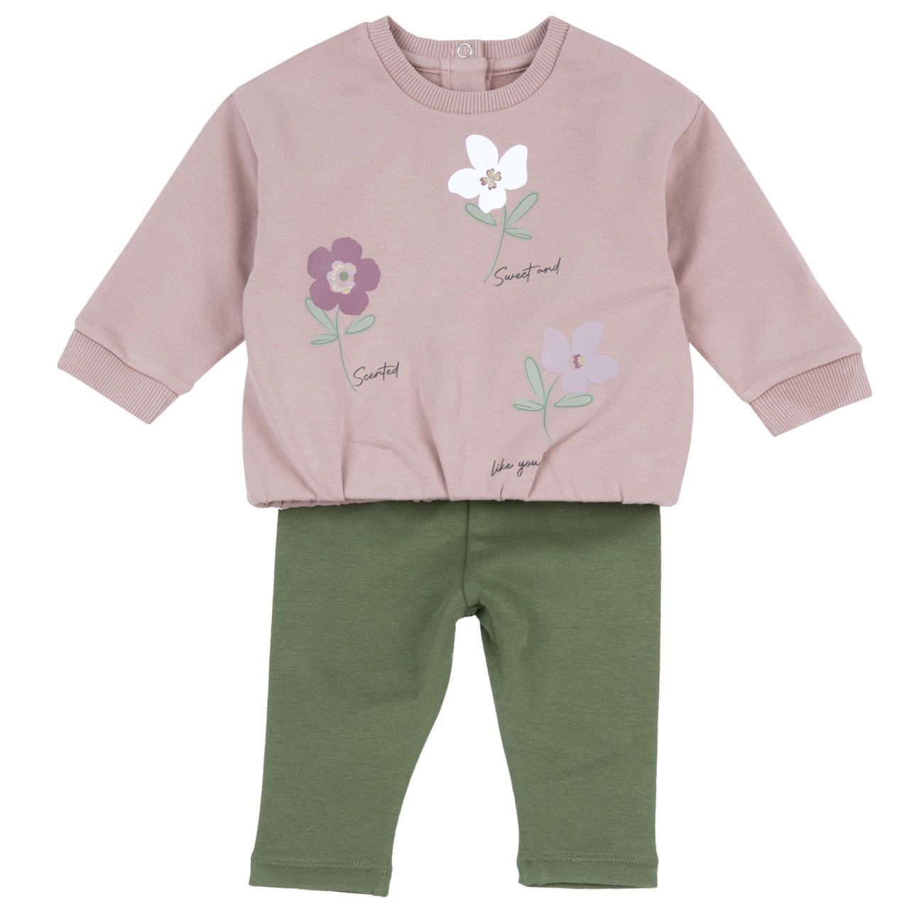 Conjunto de Sudadera Rosa con Flores y Pantaones Verdes Chicco - 0