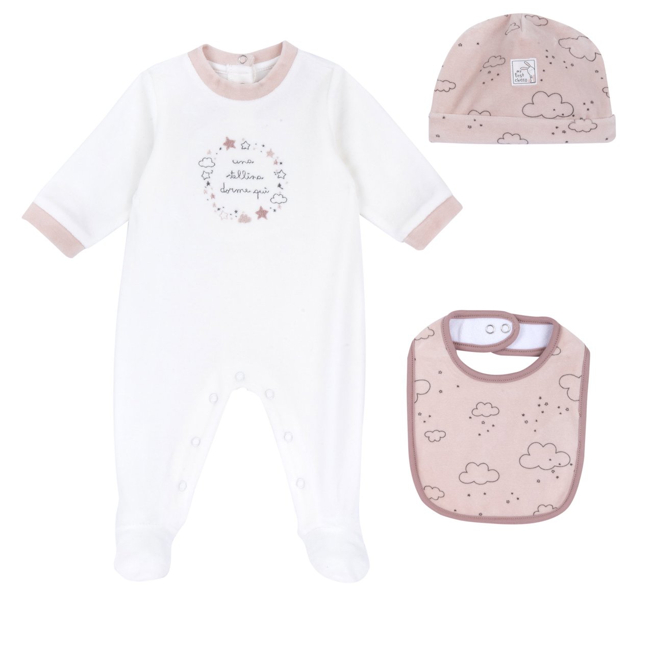 Conjunto de Pelele, Gorro y Babero Rosa Chicco - 0