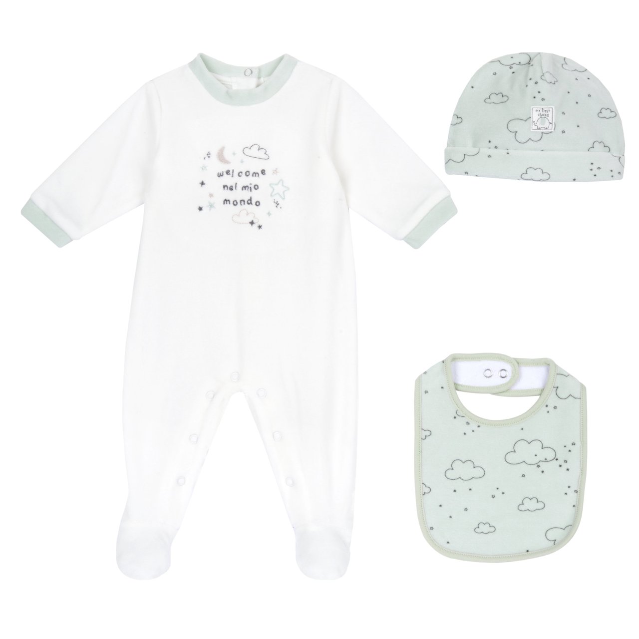 Conjunto con Pelele, Gorro y Babero Verde Chicco - 0
