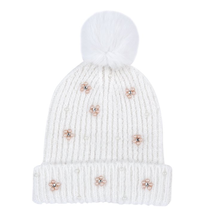 Gorro de Malha com Apliques de Flores