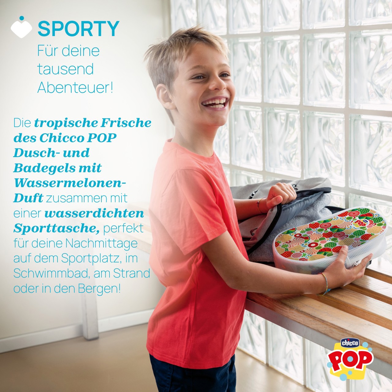 Chicco POP Set "Sporty" Dusch-und Badegel Wassermelone 300ml mit Sportbeutel null - 1