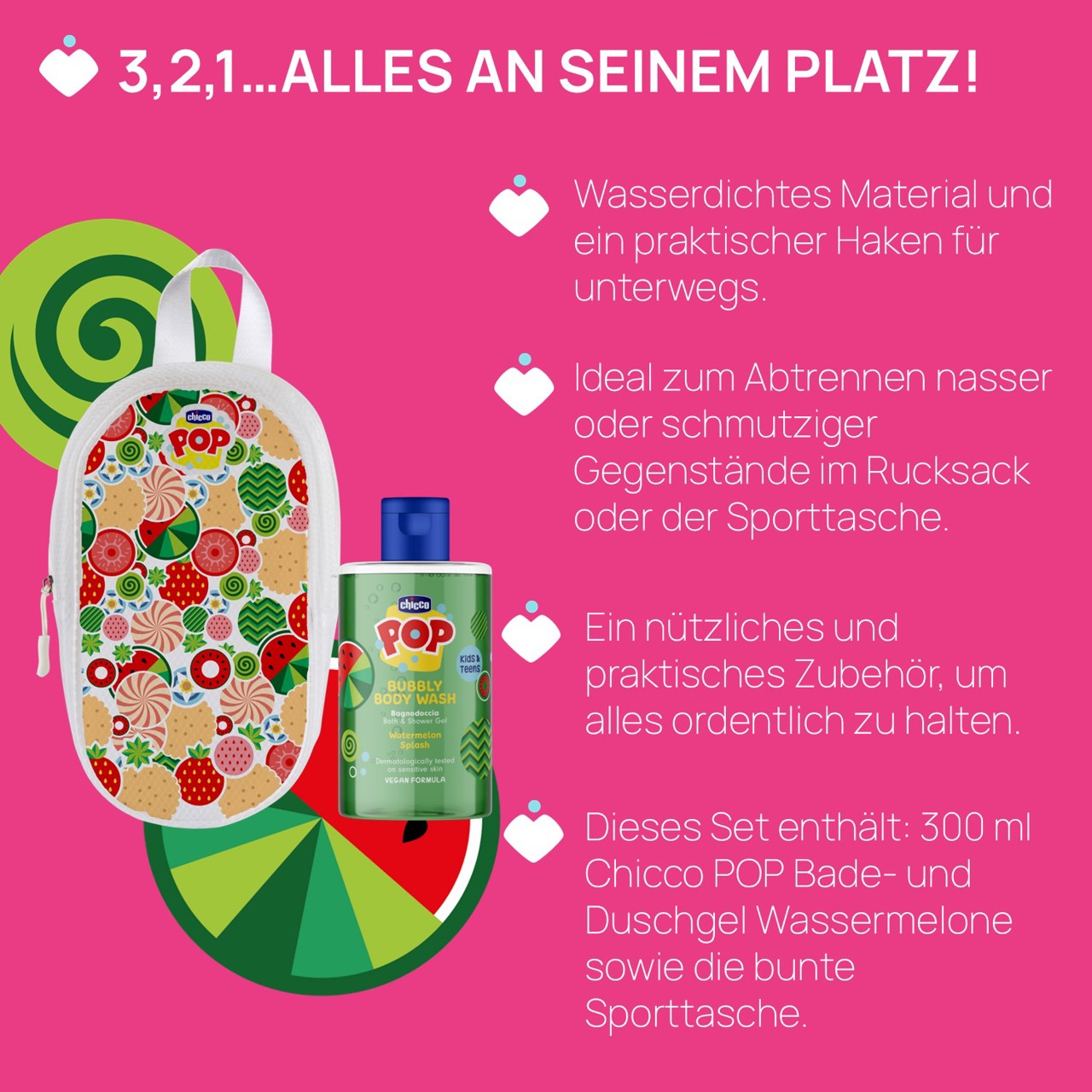 Chicco POP Set "Sporty" Dusch-und Badegel Wassermelone 300ml mit Sportbeutel null - 3