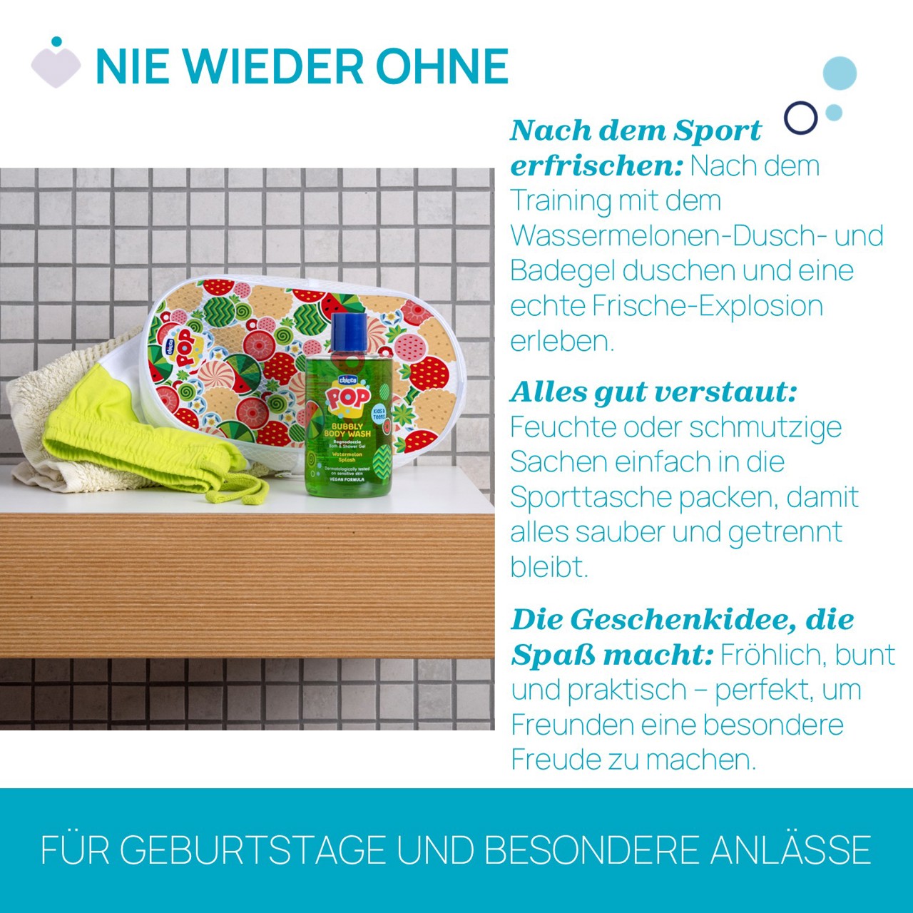Chicco POP Set "Sporty" Dusch-und Badegel Wassermelone 300ml mit Sportbeutel null - 4