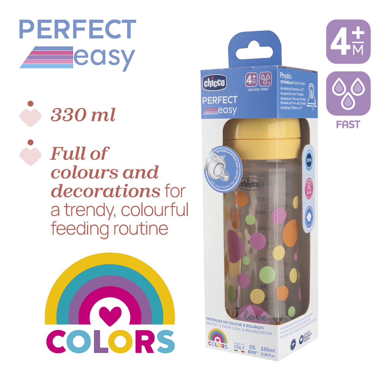 PERFECT EASY Plastic Voedingsfles 330 ml Snelle Stroom Chicco - 6