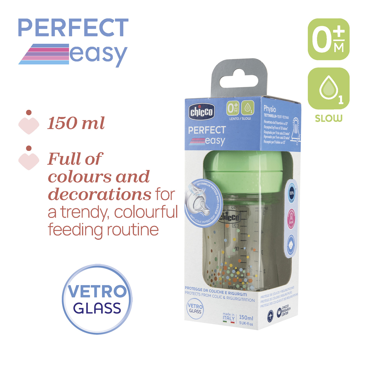 Babyfläschchen PERFECT EASY  Glas,150 ml, 0M+, langsamer Fluss null - 5