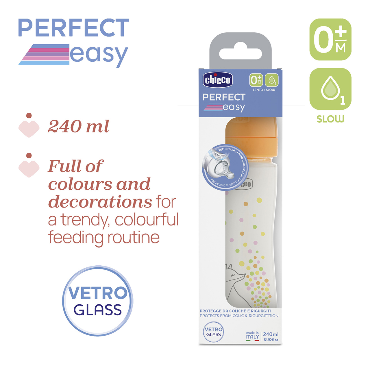 Babyfläschchen PERFECT EASY Glas, 240 ml, 0M+, langsamer Fluss null - 6