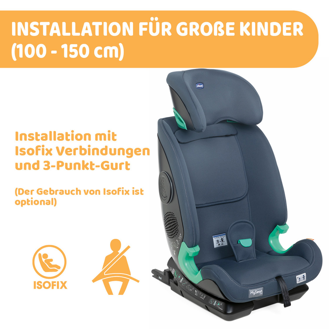 Kinderautositz, i-Size, 125-150 cm, Bequem und sicher, Abnehmbarer  Bezug, Flaschenhalter, Lionfix Basic